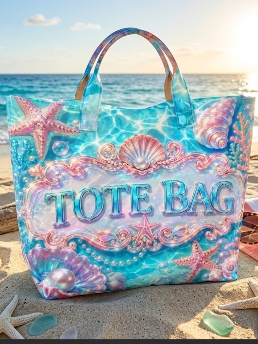 Women Seashell Starfish PVC Hand Tote Bag
